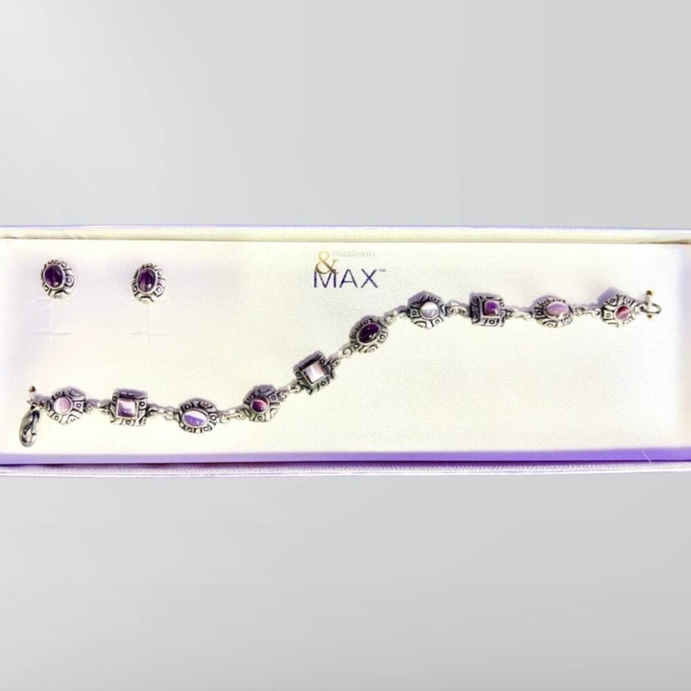 NIB Vintage 90s Madison & Max Silver & Purple Earring & Bracelet Set